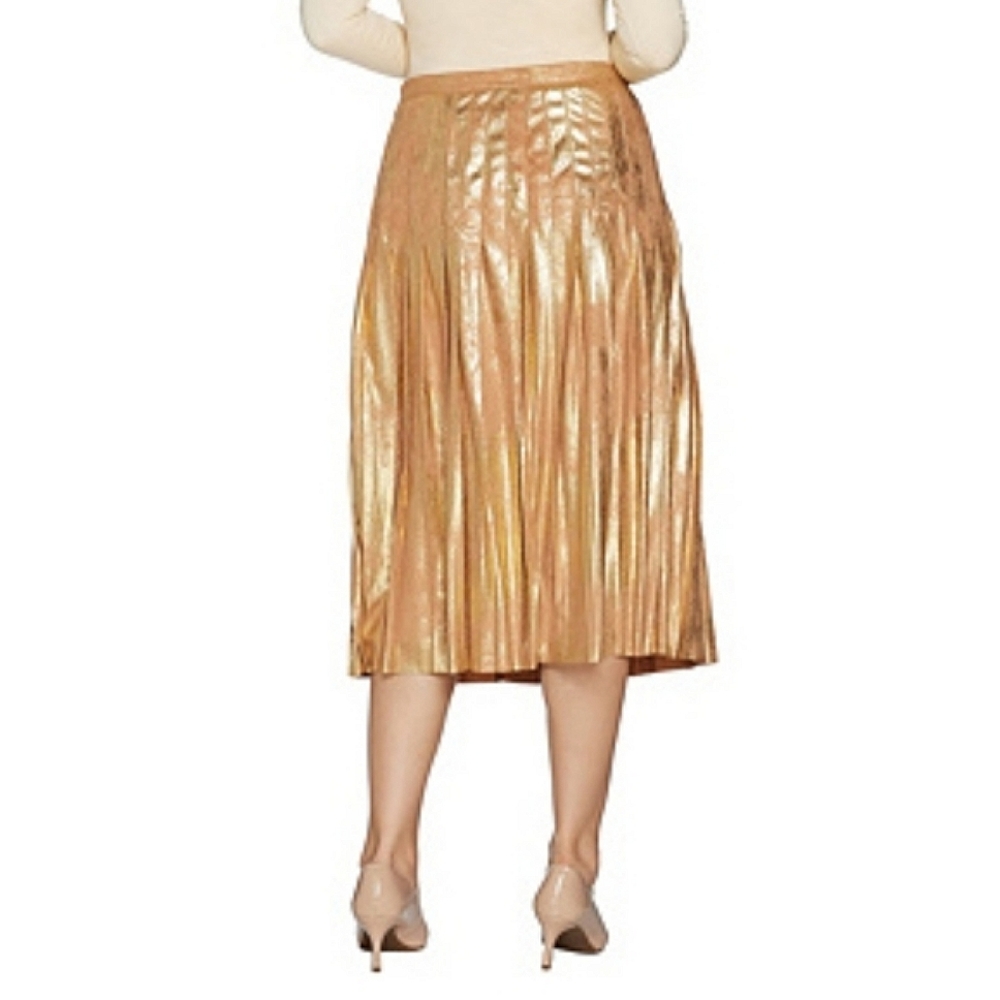 🎉9xHP🎉 ✨ NWOT Metallic Gold Faux Suede Pleated Midi Skirt - Picture 2 of 6